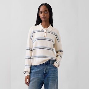 GAP 100% cotton relaxed polo sweater striped ivory beige frost